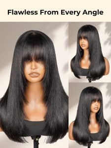 Glueless Blunt Cut Ombre Brown Bob Wig with Fringe Bangs - Image 11