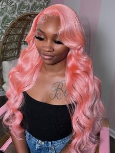 Pink Color Wig Light Pink Body Wave Transparent Lace Wigs With Natural Hairline - Image 7