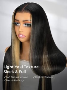 Light Yaki Straight Glueless Lace Wig With Hidden Blonde Highlights