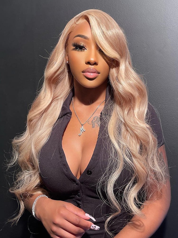 4_53_7 Milk Tea Brown Wig 13*4 Transparent Lace Wig with Blonde Highlights - Image 1