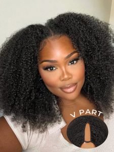 Afro Kinky Curly V Part Human Hair Wig No Leave Out - Image 4