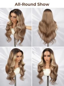 Brunette Blonde Highlights Loose Body 13x6 Lace Frontal Wig With Layers - Image 8