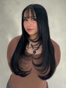 Glueless Blunt Cut Ombre Brown Bob Wig with Fringe Bangs - Image 13