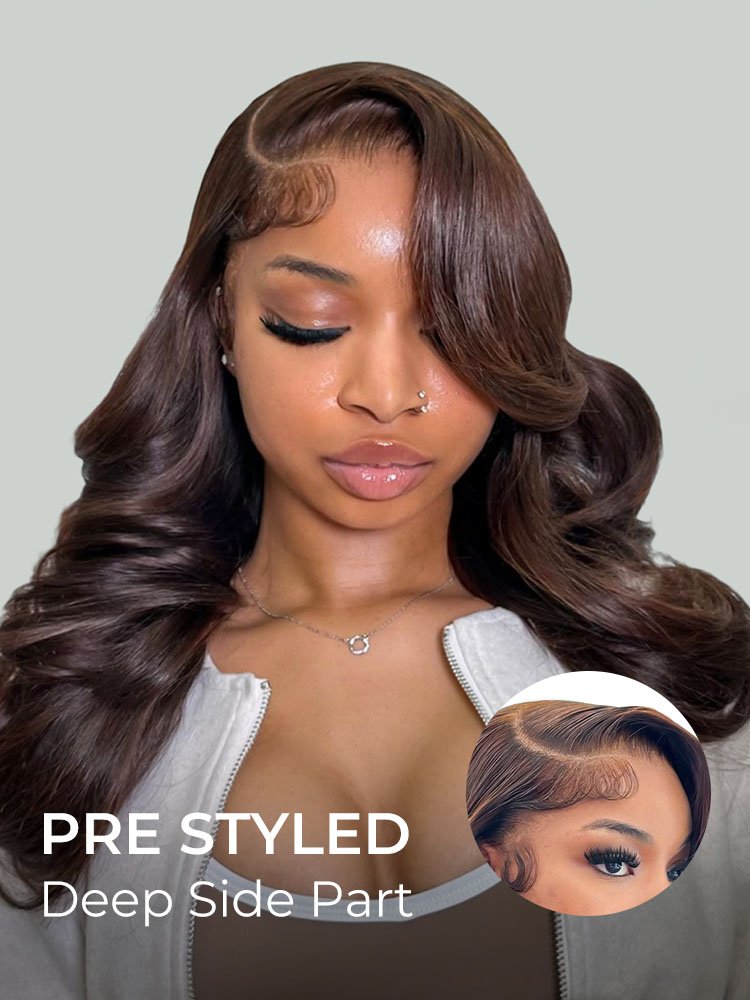 dark brown side part body wave wig