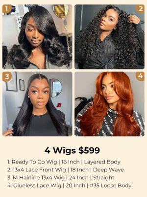 $599=4 Wigs: 24Inch M Hairline Wig + 20 Inch Copper 5x7 Glueless Wig + 18 Inch Deep Wave 13x4 Wig and 16 Inch Layered Body Wave 6x8 Glueless Wig