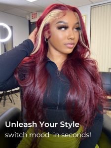Burgundy With Blonde Highlights Lace Front Wig Skunk Stripe Hair Wigs - Image 5