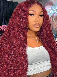 99J Deep Wave Lace Frontal Wigs Afordable 5x5 Lace Human Hair Burgundy Wigs - Image 5
