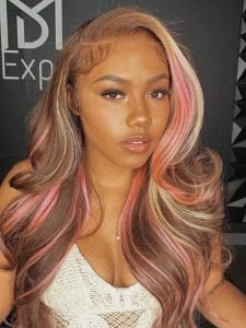Pink Highlights In Brown Hair Body Wave Lace Wig With Blonde And Pink Highlights - Image 5