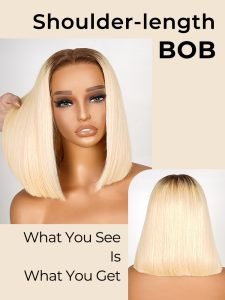 #4/613 Blonde Bob Wigs with Dark Brown Roots Ombre Lace Closure Bob Wigs - Image 4