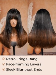 Glueless Blunt Cut Ombre Brown Bob Wig with Fringe Bangs - Image 4
