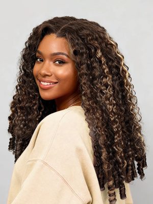 4/27 Highlight Burmese Curly 5x7 Glueless Lace Front Wig 250% Density