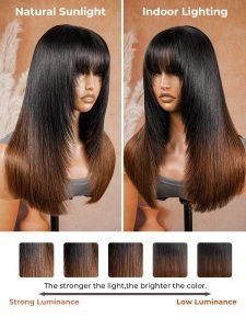 Glueless Blunt Cut Ombre Brown Bob Wig with Fringe Bangs - Image 6
