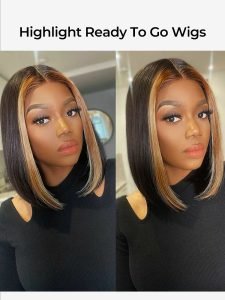 Highlight Ready To Go Wigs Straight Bob HD Lace Wigs With Highlights Streaks - Image 6