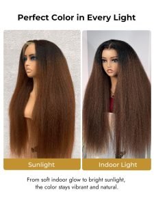 Long Brown Ombre Kinky Straight HD Lace Frontal Wig 250 Density Wig - Image 5