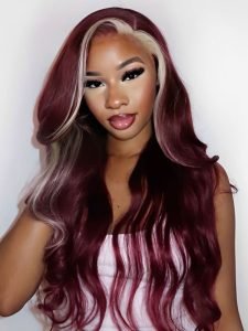 Burgundy With Blonde Highlights Lace Front Wig Skunk Stripe Hair Wigs - Image 6