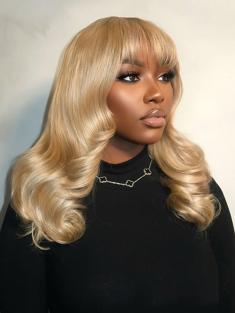 70184 Honey Blonde Glueless Body Wave 2X6 Lace Front Wig With Curtain Bang - Image 1