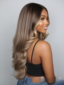 Brunette Blonde Highlights Loose Body 13x6 Lace Frontal Wig With Layers - Image 3