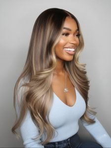 Brunette Blonde Highlights Loose Body 13x6 Lace Frontal Wig With Layers - Image 2