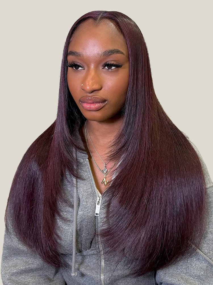 750_1_10 M Hairline Layered Cut Burgundy 13x6 Lace Front Straight Wigs 180% Density - Image 1