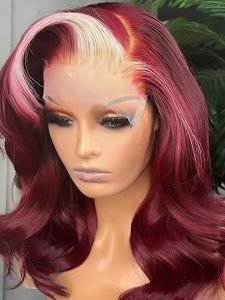 Burgundy With Blonde Highlights Lace Front Wig Skunk Stripe Hair Wigs - Image 4