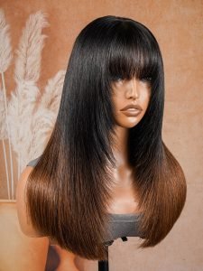 Glueless Blunt Cut Ombre Brown Bob Wig with Fringe Bangs - Image 7