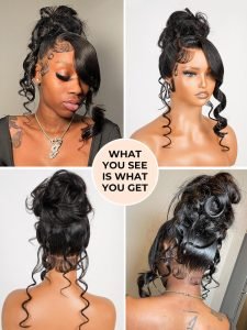 Glueless Invisi Drawstring 360 Lace Wig Miss Buns With Side Part Bangs Style - Image 5