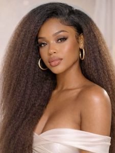 Long Brown Ombre Kinky Straight HD Lace Frontal Wig 250 Density Wig - Image 6