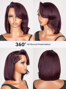 Glueless Dark 99J Color Layered Cut With Side Bang Frontal Bob Wig - Image 9