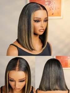 Foil Highlight Blunt Cut Bob Wig Custom Colored Wigs With Dark Roots - Image 2