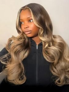Brunette Blonde Highlights Loose Body 13x6 Lace Frontal Wig With Layers - Image 5