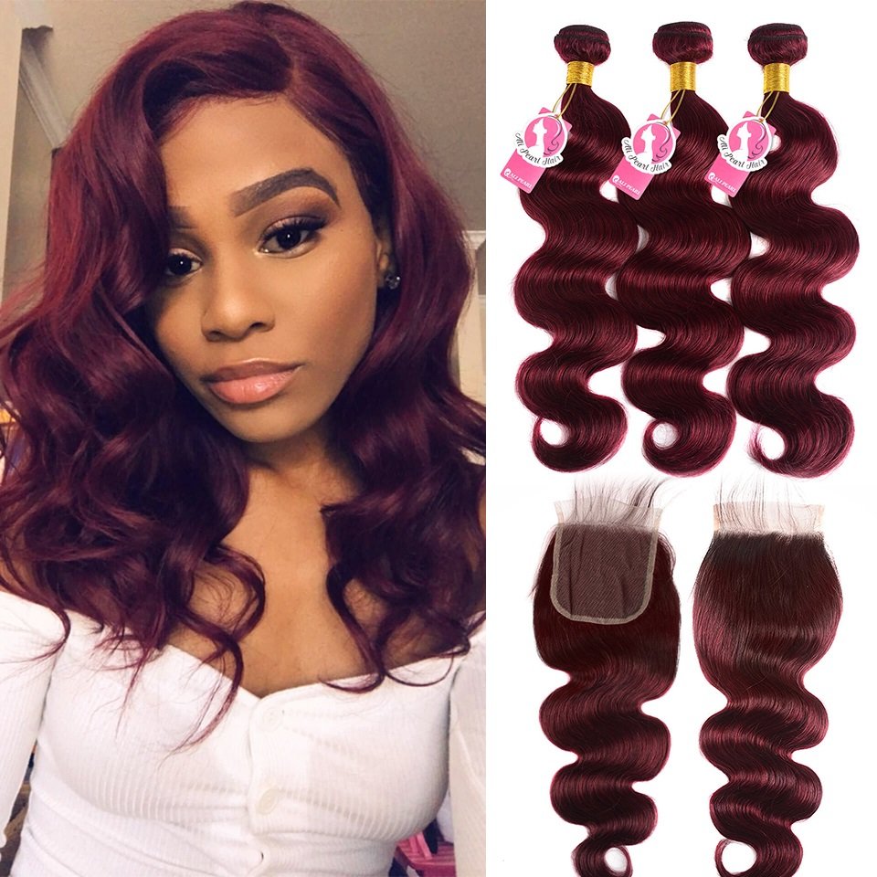 99j Body Wave Lace Closure With #99J Wine Red Pure Color Human Hair Weft - Image 1