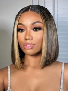Foil Highlight Blunt Cut Bob Wig Custom Colored Wigs With Dark Roots - Image 4