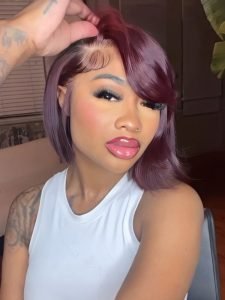 Glueless Dark 99J Color Layered Cut With Side Bang Frontal Bob Wig