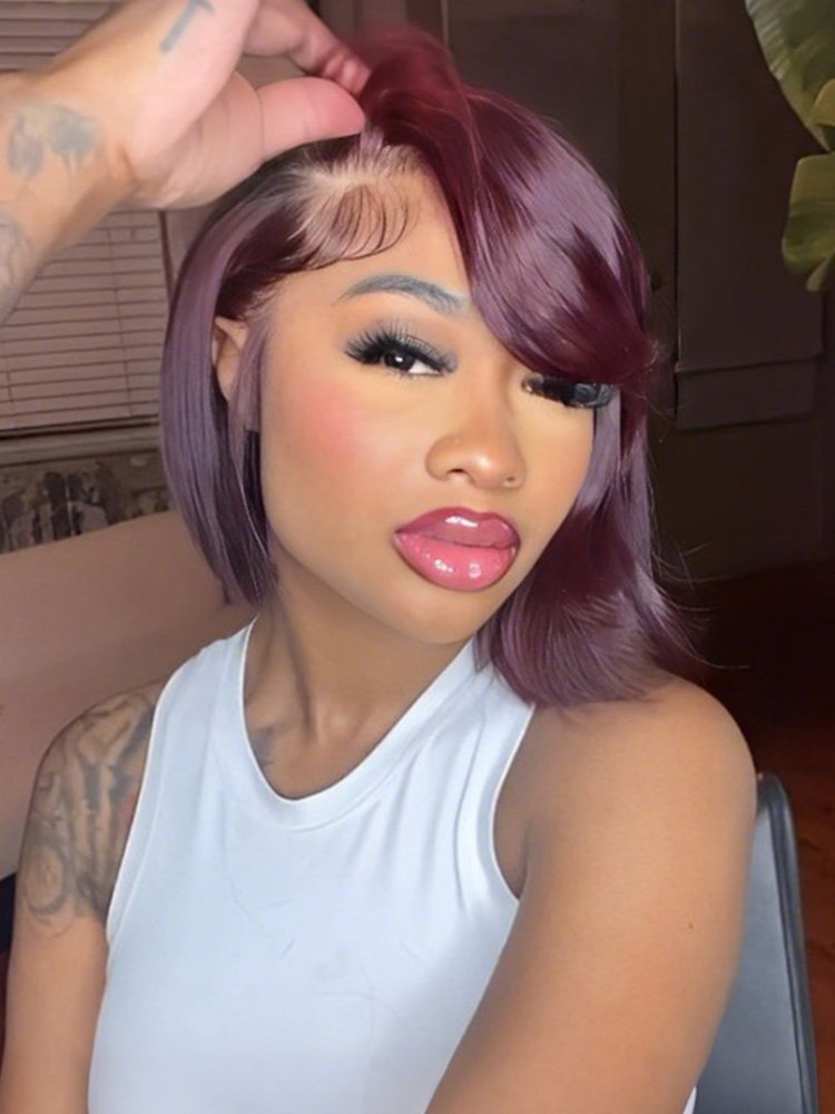 9_6_1 Glueless Dark 99J Color Layered Cut With Side Bang Frontal Bob Wig - Image 1