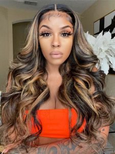 Black Wig With Honey Blonde Highlights Body Wave Lace Frontal Wigs With Balayage Highlights - Image 3