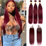 Pre-Colored Hair Weave Straight Wine Red Human Hair Bundles With 4*4 Lace Closure