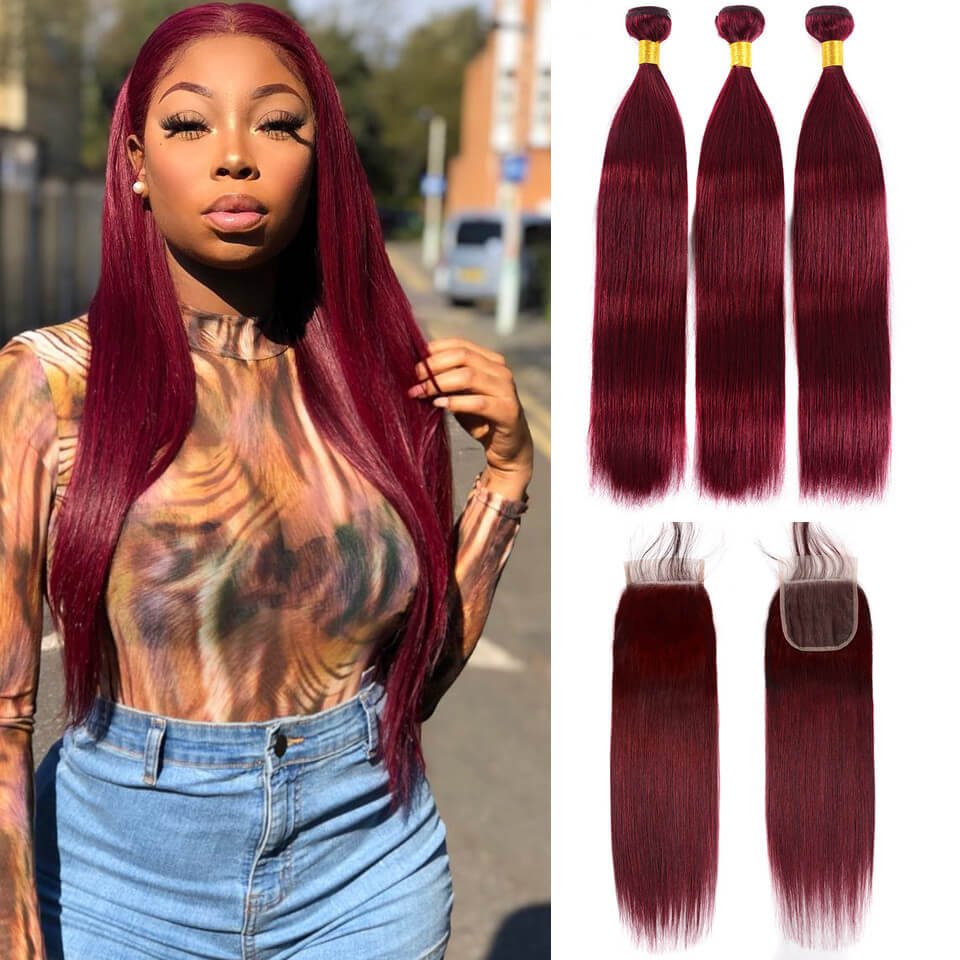 burg_straight_3_bundles_with_closure_2_ Pre-Colored Hair Weave Straight Wine Red Human Hair Bundles With 4*4 Lace Closure - Image 1