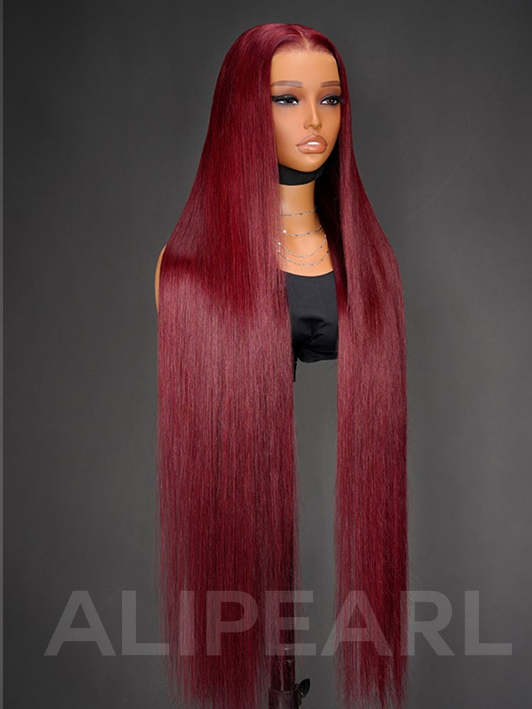 40 Inch Burgundy Straight 13x6 Transparent Lace Front Wigs Human Hair 300% Density - Image 4
