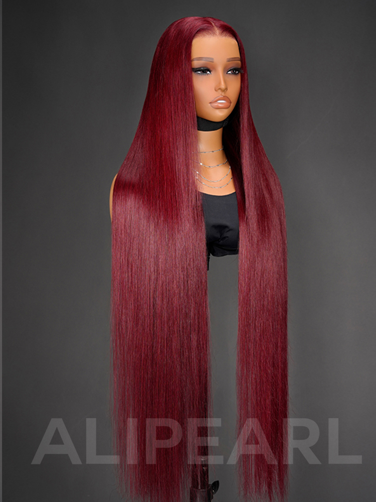 40 Inch Burgundy Straight 13x6 Transparent Lace Front Wigs Human Hair 300% Density - Image 3