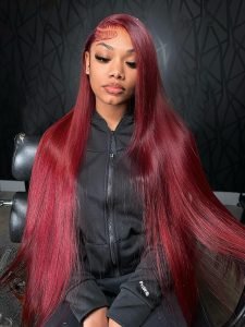 40 Inch Burgundy Straight 13x6 Transparent Lace Front Wigs Human Hair 300% Density