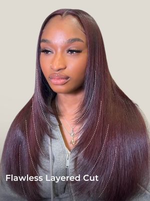 M Hairline Layered Cut Burgundy 13x6 Lace Front Straight Wigs 180% Density