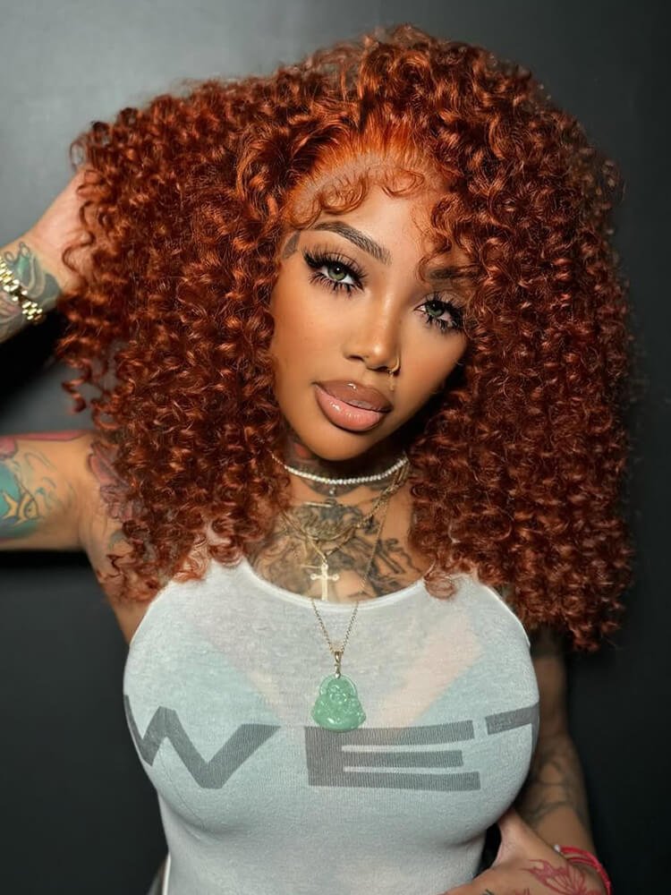 Copper Color Curly Human Hair Lace Frontal Wigs