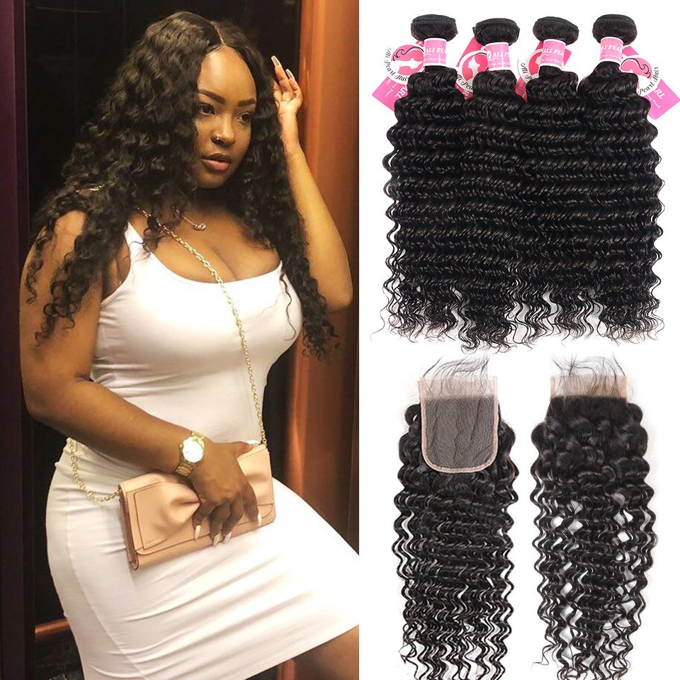 deep-06 Deep Wave Hairstyles Brazilian Human Hair 4 Bundles With 4*4 Lace Closure - Image 1