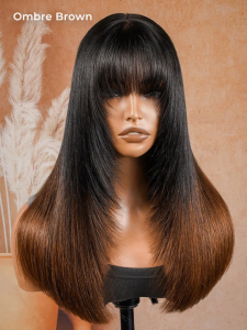 Glueless Blunt Cut Ombre Brown Bob Wig with Fringe Bangs - Image 2
