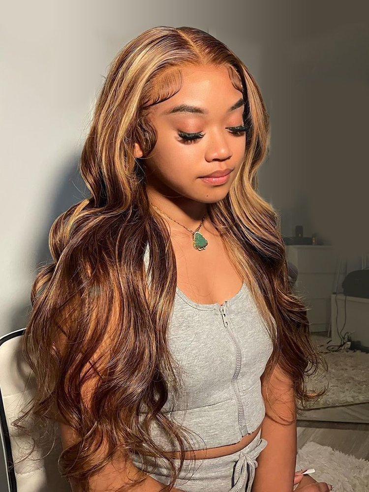 highlight_wigs_human_hair_2 Highlights Piano Color #4/27 Blonde Highlights 5*5 Glueless Ready To Go Wig - Image 1