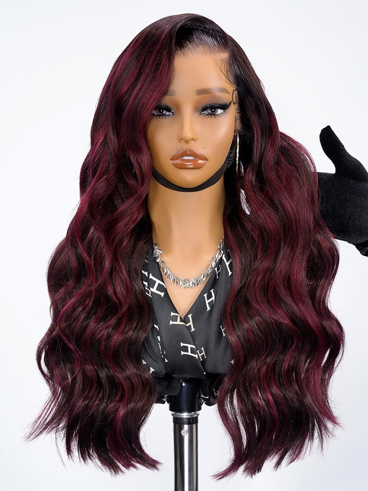 highlights_loose_body_wave_wig Glueless Highlight Wig Red Burgundy Side Part Body Wave 13x6 Lace Frontal Wig Human Hair - Image 1