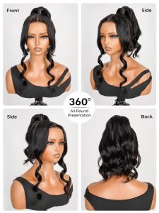 Body Wave Invisi Drawstring 360 Lace Wig High Ponytail With Bangs Glueless Wig - Image 10