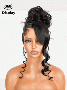 Glueless Invisi Drawstring 360 Lace Wig Miss Buns With Side Part Bangs Style - Image 7