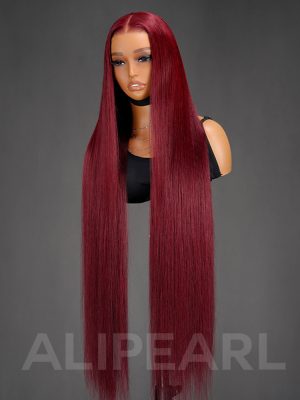 40 Inch Burgundy Straight 13x6 Transparent Lace Front Wigs Human Hair 300% Density