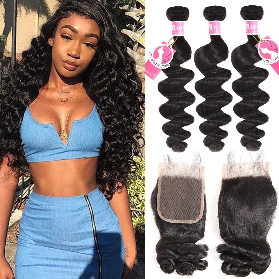 loose_9 Alipearl 3pcs/packet Loose Wave With Lace Closure Peruvian Human Hair - Image 1